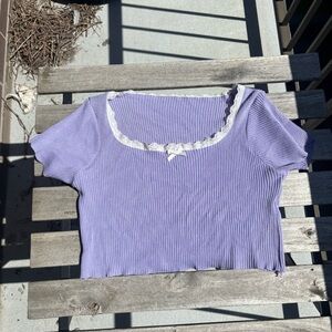 Lavender Ribbed Women's Top with Lace Trim